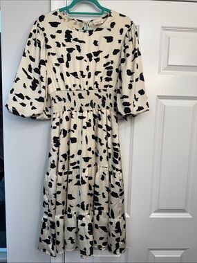 orange creek Cream and Black Midi Dress with Smocked Waist